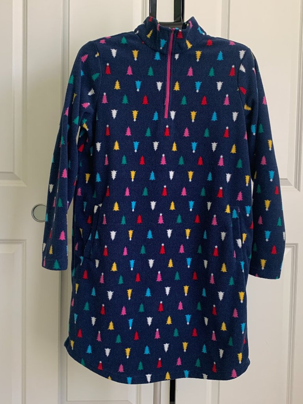 Lands’ End Women’s Fleece Nightgown Dress Navy Christmas Tree Print Size M
